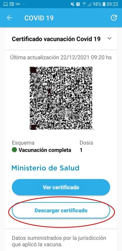 La opción "Descargar certificado" permite guardar el comprobante de vacunación aún sin conexión en el teléfono