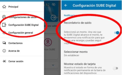 La opción para activar la alarma en la SUBE digital