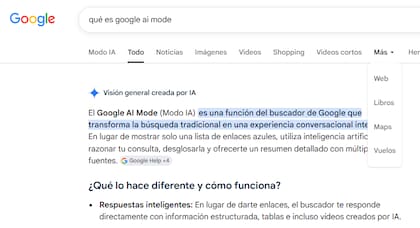 La opción Web, en el menú Más, debajo de la caja de búsqueda (en la imagen, arriba a la derecha) permite ver las respuestas de Google sin el Modo IA