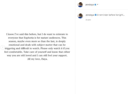 La opinión de Zendaya previo al estreno de la segunda temporada de Euphoria de HBO (Crédito: Instagram/@zendaya)