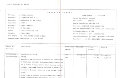 La orden de compra que efectiviza el contrato firmado con la empresa de Scatturice