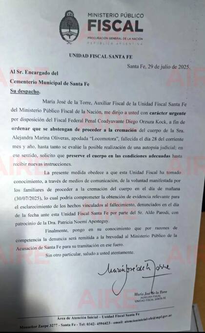 La orden emitida por el Ministerio Público Fiscal a la que pudo acceder LA NACION