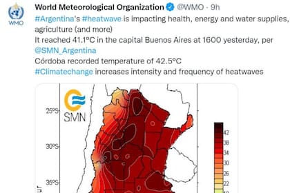 La Organización Meteorológica Mundial, que depende de la ONU, advirtió sobre la ola de calor en la Argentina, que impacta, según su Twitter oficial, "en la salud, la energía, el suministro de agua y la agricultura"