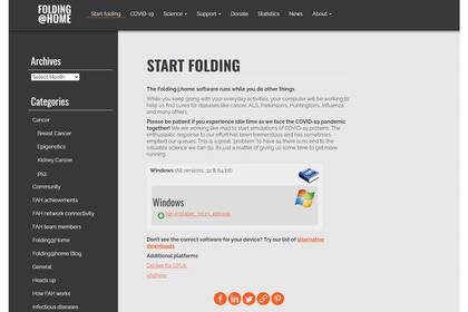 La página de descarga del cliente para Folding At Home. Está disponible para Windows, Mac y Linux