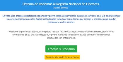 La página de la Cámara Nacional Electoral permite empezar un nuevo reclamo y también verificar el estado de uno efectuado previamente