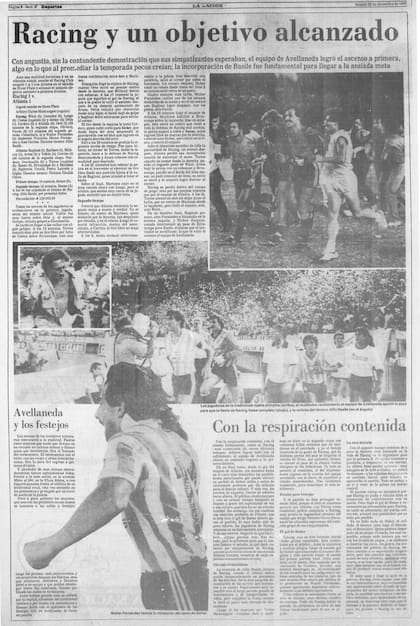 La página de LA NACION el día después del regreso de Racing a primera división