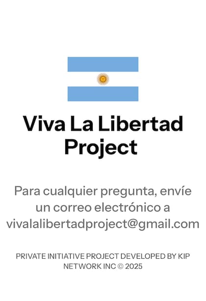 La página de Viva La Libertad Proyect, que declara que es un "proyecto de iniciativa privada desarrollado por KIP Network Inc"