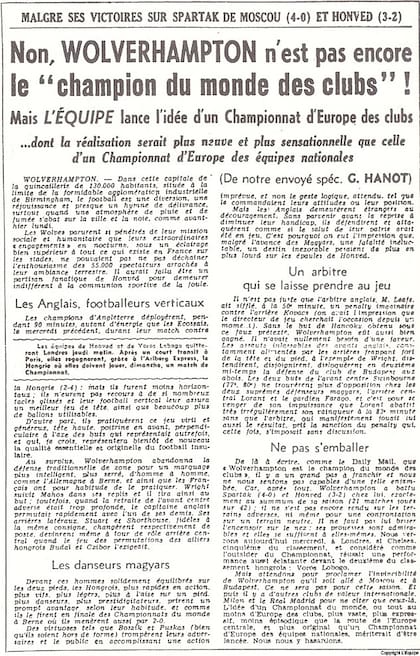La página del diario L'Equipe titulada "No, Wolverhampton aún no es campeón mundial de clubes", con el proyecto presentado por el periodista Hanot en el que se presenta la Copa de Europa
