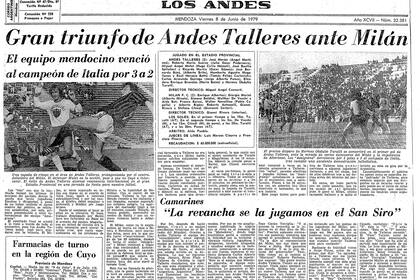 La página del diario Los Andes el día de la histórica victoria de Andes Talleres sobre Milan, con un Carlovich en gran nivel