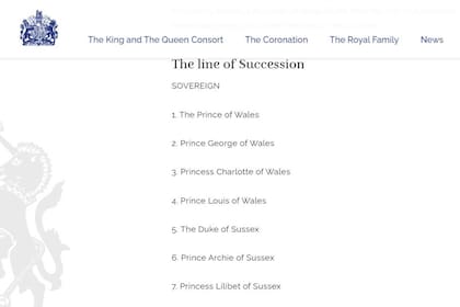 La página oficial del Palacio de Buckingham inscribió en la linea sucesoria del rey a Archie y Lilibet como príncipe y princesa de Gales; hasta ayer, no tenían ese título
