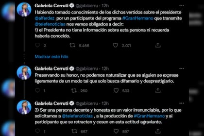 La palabra de Gabriera Cerruti tras los dichos de Alfa (Captura Twitter)