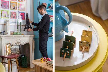 La paleta del living surgió de la lámina con ilustraciones del catalán Miguel Pang Ly colgada sobre la chimenea de piedra, en cuyo hueco pusieron un espejo de demolición que refleja la luz y le da profundidad al ambiente.