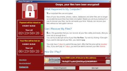 La pantalla con la que se encontraron quienes sufrieron el ataque del WannaCry, que exige dinero a cambio de liberar el equipo