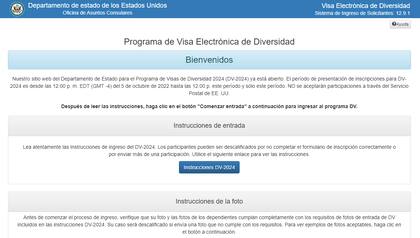 La pantalla de inicio de Programa de Visa Electrónica de Diversidad de Estados Unidos