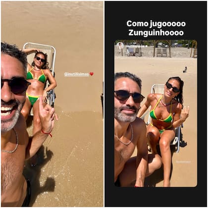 La pareja dejó entrever los trajes de baño que llevaron a sus vacaciones: sunga y bikini slim