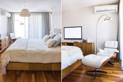 La pareja quería un cuarto más bien minimalista, con tonos neutros, entre los que se destaca el blanco de la poltrona Eames con apoyapiés