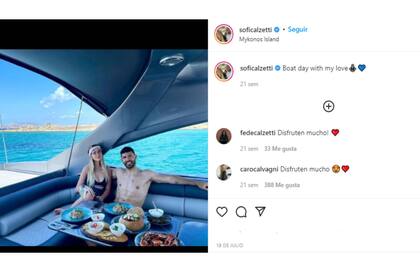 La pareja vacacionó en Mykonos (Foto: @soficalzetti)