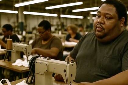 La parodia muestra obreros obesos y tristes en fábricas ficticias