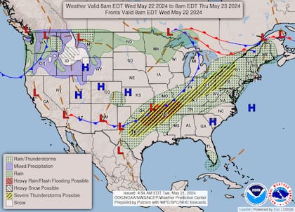 La parte norte del foco de clima severo se desplazará hacia el este durante el miércoles, según el mapa del pronóstico de mañana