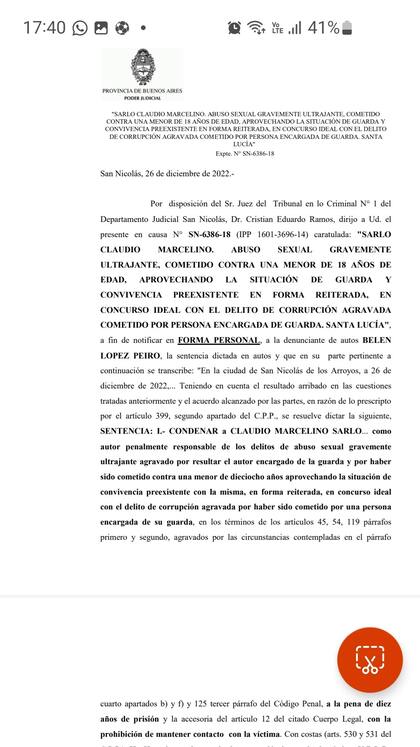 La parte resolutiva de la sentencia contra Claudio Marcelino Sarlo por el abuso sexual contra Belén López Peiró