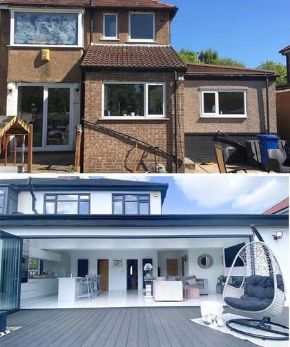 La parte trasera de la vivienda, en el antes (arriba) y el después (abajo)