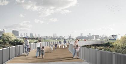 La pasarela se ubicará sobre la galería de árboles y vegetación, con un cauce de agua que desemboca en el Río de la Plata