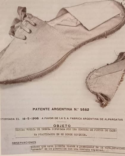 La patente de la costura de puntos de cadena de la alpargata, registrada en 1908 por la Fábrica Argentina de Alpargatas