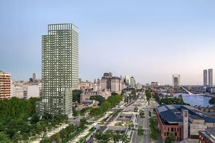 La peculiar silueta dialoga con el entorno urbano, entre San Telmo y Puerto Madero.