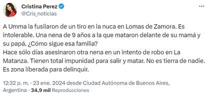 La periodista Cristina Pérez condenó el crimen de Umma