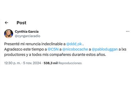 La periodista Cynthia Garcia anunció que se va de Duro de domar, el ciclo de C5N conducido por Pablo Duggan