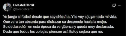 La periodista, en su cuenta de X, dio su perspectiva sobre la inclusión femenina en el fútbol