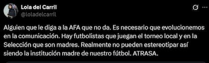 La periodista Lola del Carril repudió la acción de AFA por el Día de la Madre