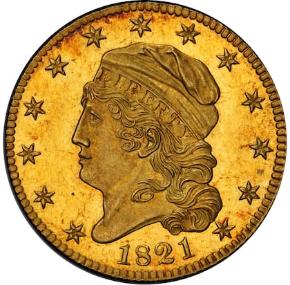 La pieza fue acuñada en 1821 y presenta la imagen de la libertad con un bonete orientada a la izquierda