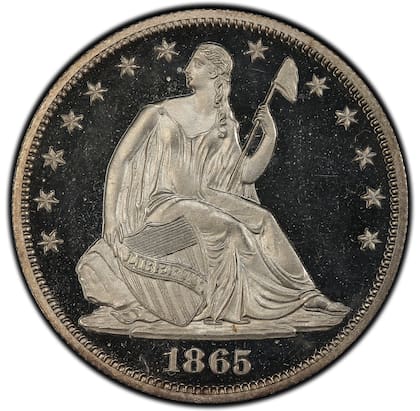 La pieza muestra la figura de la Libertad sentada sobre una roca