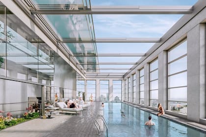 La pileta climatizada en el piso 38, entre los highlights de Huergo 475.