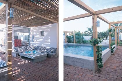 La pileta elevada en el centro del jardín está rodeada por una pérgola, que espera paciente el crecimiento de las plantas.