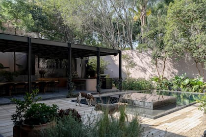 La pileta pintada de gris, con un jacuzzi en el medio, está entre la casa y el quincho con parrilla del fondo