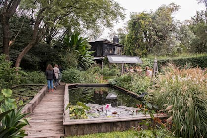 La pileta realizada en madera da una sensación de estanque, e incluso contiene plantas acuáticas, y se enfrenta a otro estanque que también contiene acuáticas. Este sector es uno de los favoritos de quienes visitan el jardín.