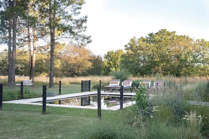 La pileta se funde con el paisaje al estar pintada de negro y con un cerco con alambres tensados y postes de madera oscuros que pasan inadvertidos. Atrás se dejó crecer la flora silvestre, conformando una pradera