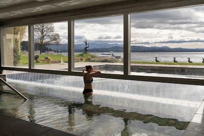 La piscina in-out del spa, a metros del parque y el lago