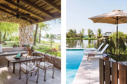 Sillones de hierro, mesita de madera (todo de Laro) y ventilador (La Vaca Tuerta) en la zona de estar. La pileta tiene un solárium de piedra atérmica que baja hasta la laguna.