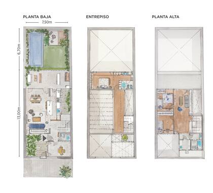 La planta baja, la planta primera y la planta segunda del proyecto.