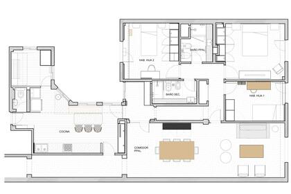 La planta completa de una reforma a medida: la cocina como una unidad compacta y funcional, el ambiente social renovado y las habitaciones con los baños rediseñados.