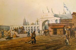 La Plaza del Fuerte, actual costado este de la Plaza de Mayo, reproducido por Emeric Essex Vidal. En el sitio donde se ve el gran arco de la recova, hoy se encuentra la Pirámide de Mayo.