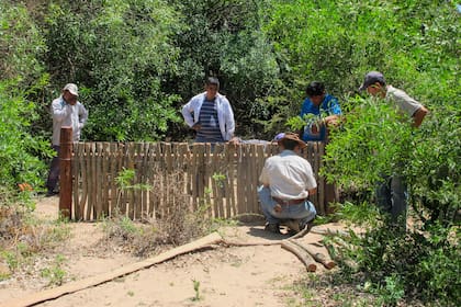 La plazoleta fue delimitada con un cerco de palo a pique hecho de madera de duraznillo (Ruprechtia triflora), para evitar la entrada de animales silvestres.