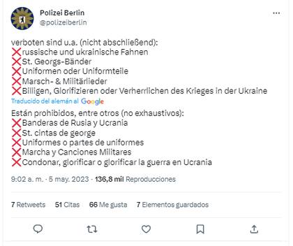 La Policía Berlín publicó un listado con los símbolos rusos y ucranianos que estarán prohibidos durante la conmemoración del fin de la Segunda Guerra Mundial