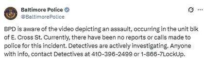 La Policía de Baltimore informó que está al tanto del video y que inició una investigación (Fuente: @BaltimorePolice)