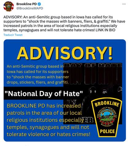 La policía de Brookline, Massachusetts, advirtió sobre el Día del odio, convocado por diversos grupos antisemitas en EE.UU.