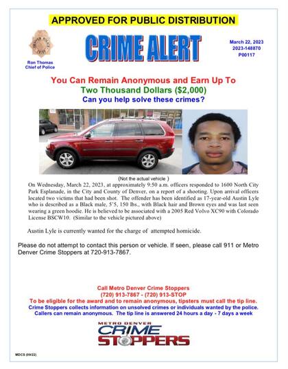 La Policía de Denver publicó una alerta con la descripción del sospechoso del tiroteo de este miércoles en East High School