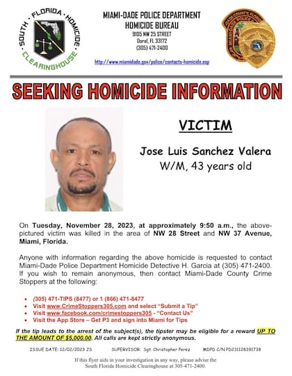 La policía de Miami difundió esta imagen para solicitar información que lleve a la captura de más personas involucradas en el asesinato